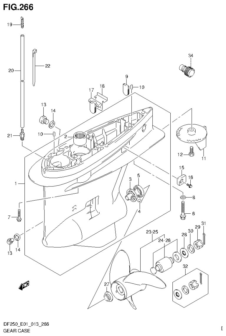 Suzuki DF200T, DF200Z, DF225T, DF225Z, DF250T, DF250Z GEAR CASE (DF200Z E40) parts diagram